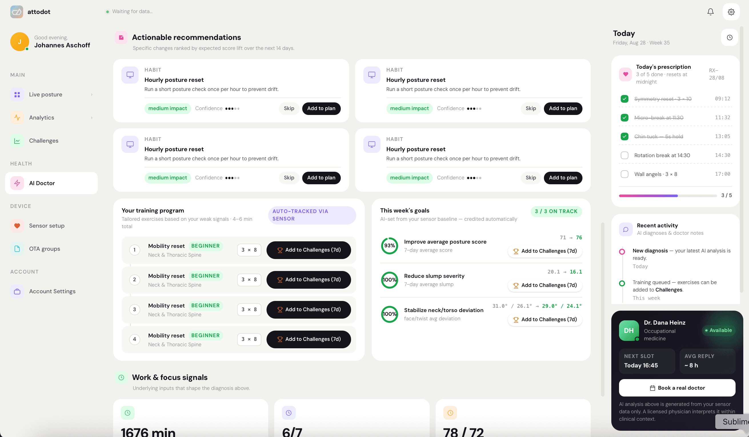 Attodot AI Doctor dashboard with recommendations and a daily plan
