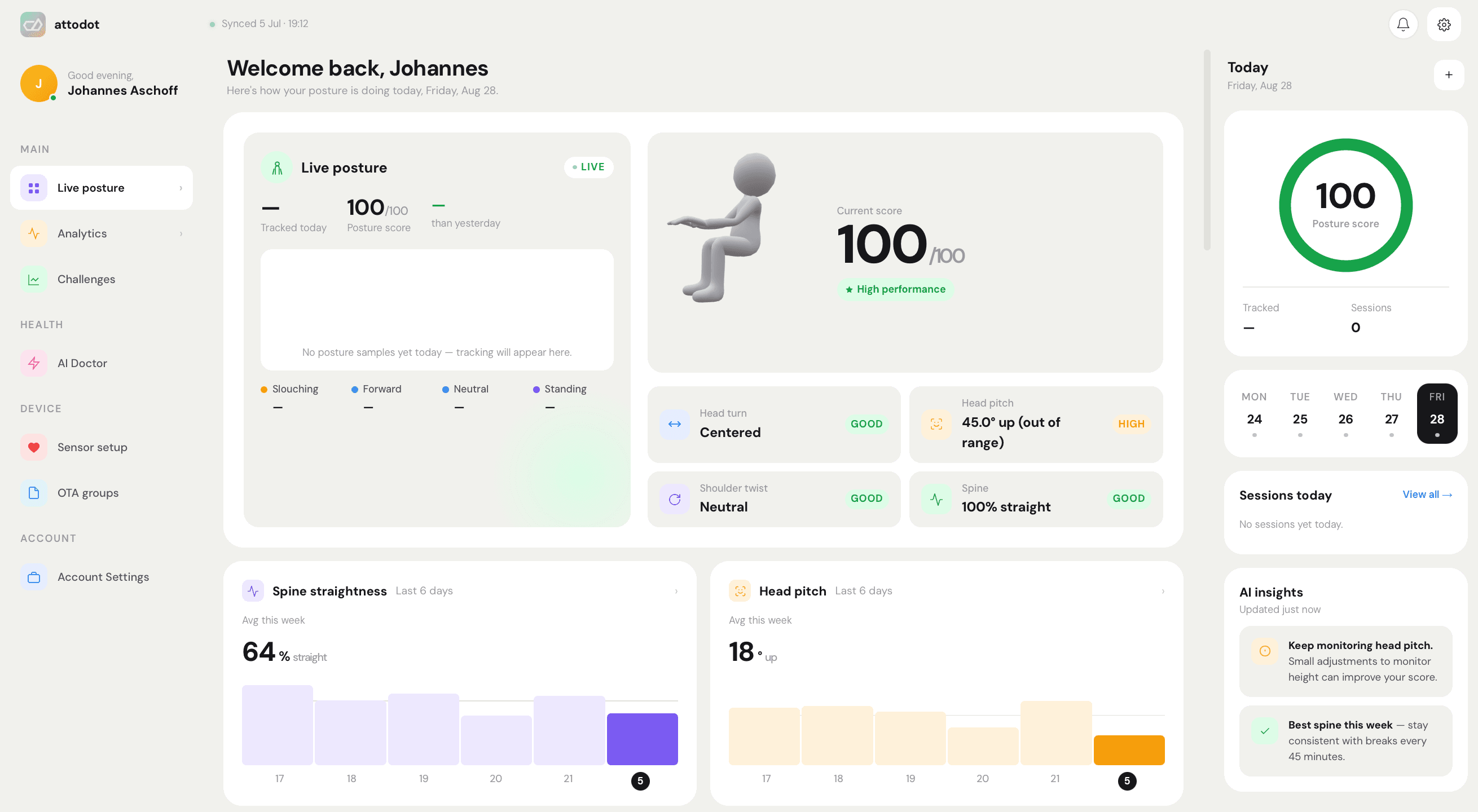 Attodot live posture dashboard with current score and posture signals